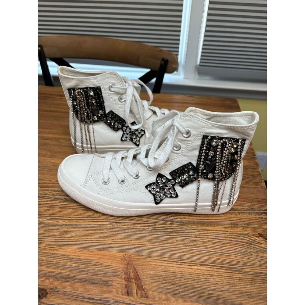 Lauren Lorraine White High-Top Sneakers with Black Beaded Patches and Chains - Picture 14 of 16